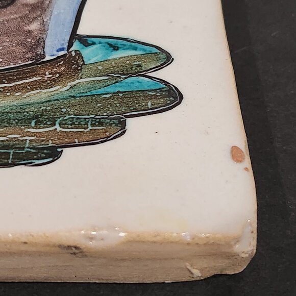 Vintage Kitchen Clay Tile Hand Painted with Steaming Cooking Pot Grazed 8.25" - Picture 3 of 6